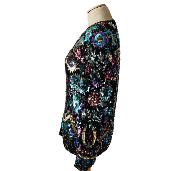 Vtg Lawrence Kazar New York Sequin Embellished Floral Colorful Sequin Jacket - Picture 11 of 16